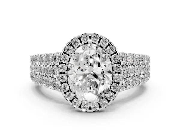Oval Cut Diamond Halo Engagement Ring with Triple Row Round Pavé Band and Prong Setting Platinum