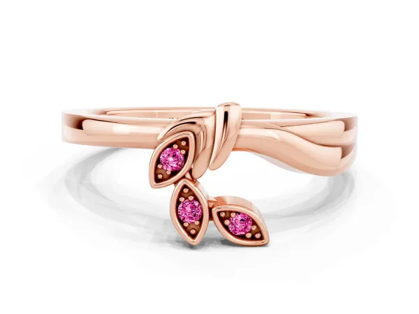 Three-Stone Round Pink Sapphire Leaf Bypass Ring with Bezel Setting Rose gold