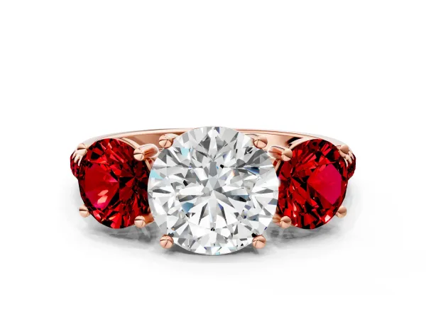 Three-Stone Round Cut Diamond Ring with Round Ruby Pavé Band and Prong Setting Rose gold