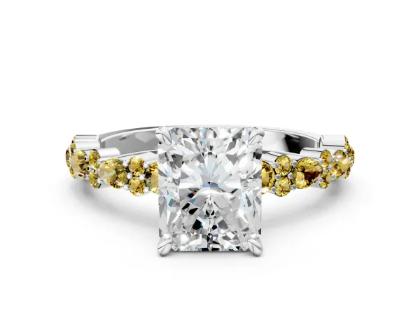 Radiant Cut Diamond Side Stone Solitaire Ring with Round Yellow Sapphire and Four-Prong Setting Platinum