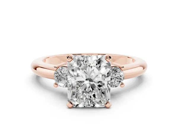 Three-Stone Radiant Cut Cut Diamond Solitaire with Prong Setting and Classic Band Rose gold