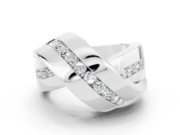 Pavé Round Moissanite Crossover Band with Channel Setting White gold