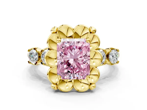 Fancy Pink Radiant Cut Cut Diamond Floral Halo Engagement Ring with Shared Prong Setting Yellow gold