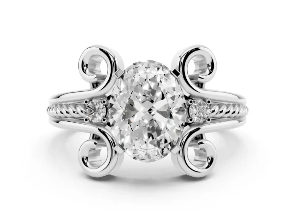 Oval Cut Solitaire Twisted Band Scroll Prong Ring White gold