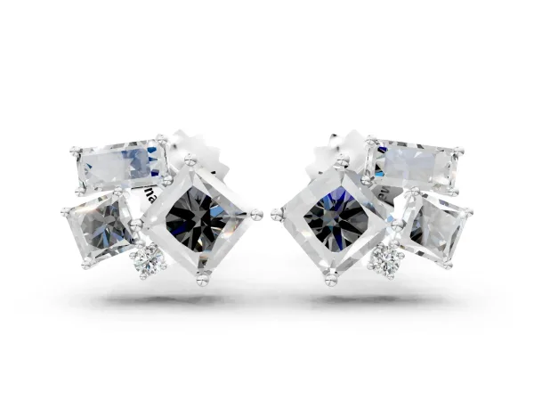 Baguette and Princess Diamond Mosaic Abstract Stud Earrings Platinum