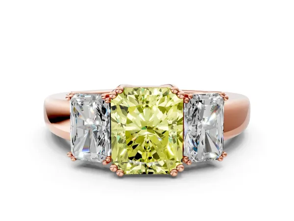 Fancy Yellow Three-Stone Radiant Cut Cut Diamond Ring with Channel Set Band and Four-Prong Setting Rose gold