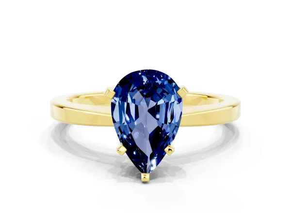 Pear Cut Blue Sapphire Solitaire Engagement Ring with Classic Band and Four-Prong Setting Yellow gold