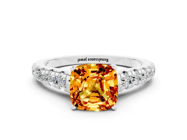 Cushion Cut Citrine Cathedral Solitaire Ring with Round Pavé Band Platinum