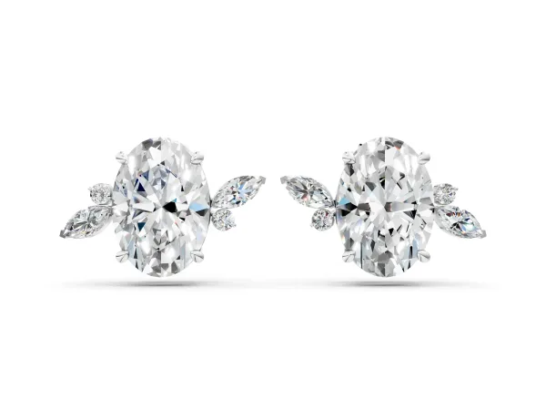 Oval Cut Diamond Nature-Inspired Stud Earrings with Marquise and Round Accents Silver