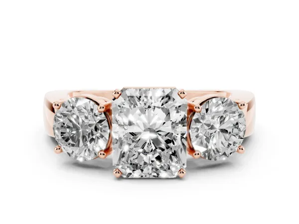 Three-Stone Radiant Cut Diamond Ring with Round Side Stones, Classic Band, and Four-Prong Setting Rose gold