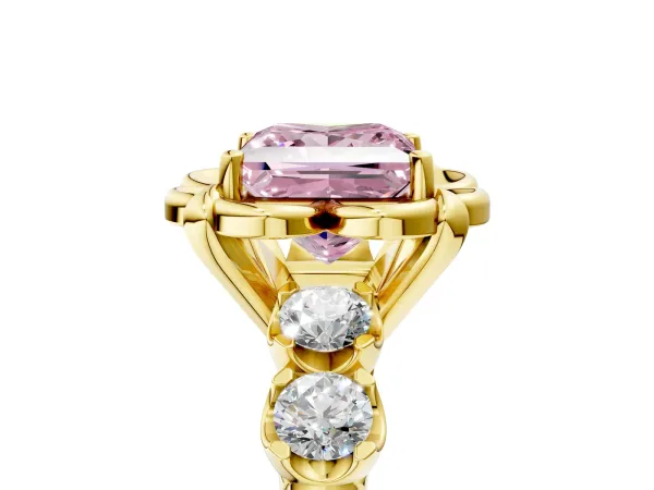 Fancy Pink Princess Cut Cut Diamond Floral Halo Engagement Ring with Shared Prong Setting Yellow gold