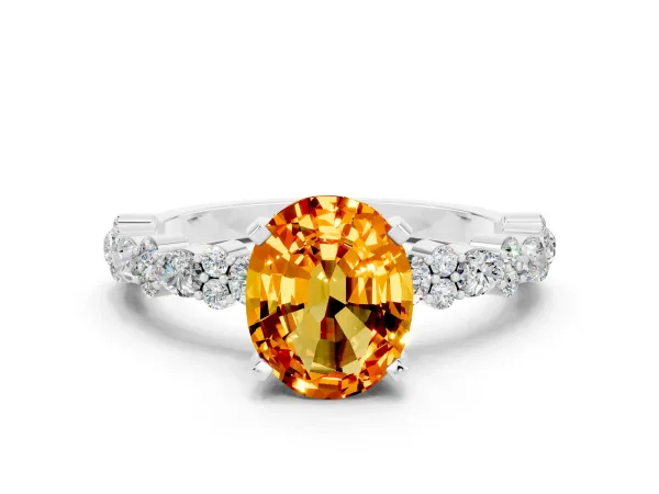 Oval Cut Citrine Side Stone Solitaire Ring with Round and Four-Prong Setting White gold