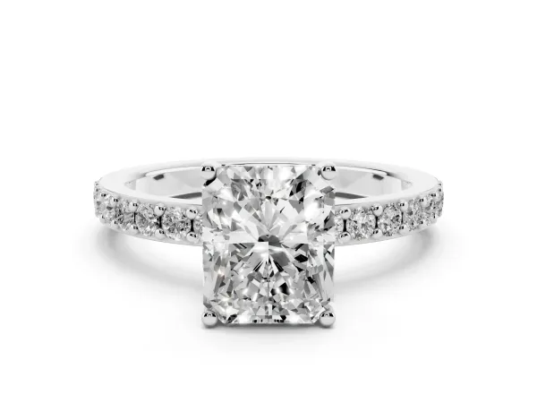 Radiant Cut Cut Diamond Solitaire with Pave Band and Four-Prong Setting White gold