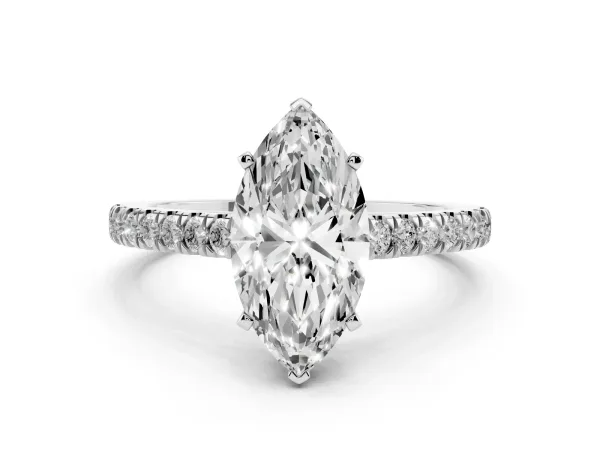 Marquise Cut Cut Solitaire Diamond Ring with Pave Band and Four-Prong Setting White gold