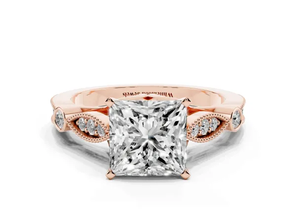 Princess Cut Cut Diamond with Milgrain Marquise and Bezel Accents on a Solitaire Band with Prong Setting Rose gold