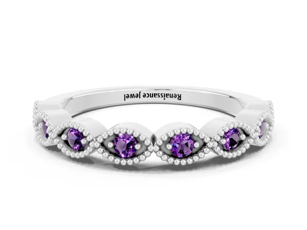 Milgrain Marquise Amethyst Half Eternity Band with Bezel Setting Platinum
