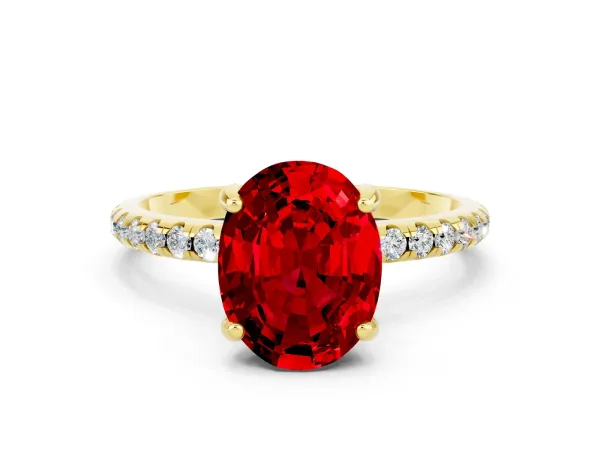Oval Cut Ruby Hidden Halo Engagement Ring with Round Pavé Band and Prong Setting Yellow gold