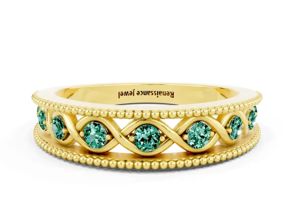 Round Green Sapphire Twist Milgrain Band with Bezel Setting Yellow gold