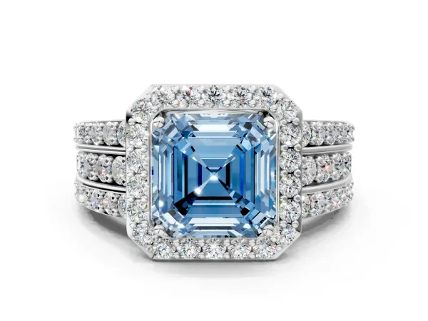 Fancy Blue Asscher Cut Halo Diamond Ring with Round Split Shank and Prong Setting Platinum