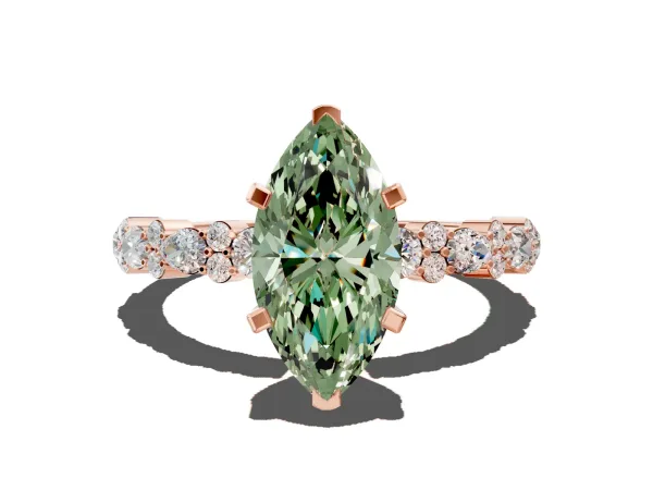 Fancy Green Marquise Cut Diamond Side Stone Solitaire Ring with Round and Four-Prong Setting Rose gold