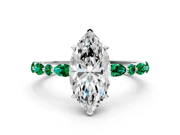 Marquise Cut Diamond Ring with Marquise and Round Emerald Side Stones and Four-Prong Setting White gold