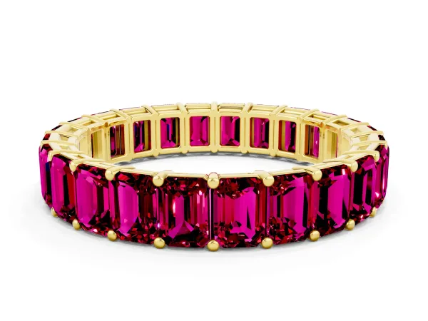 Emerald Cut Garnet Eternity Band with Shared Prong Setting Yellow gold