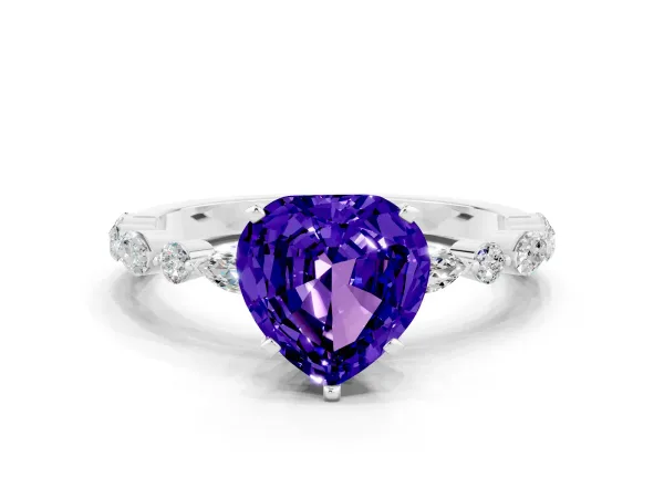 Heart Cut Tanzanite Ring with Marquise and Round Side Stones and Four-Prong Setting Platinum