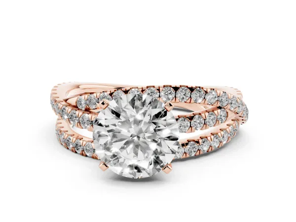 Round Cut Solitaire Twist Band with Pavé Setting and Four-Prong Setting Rose gold