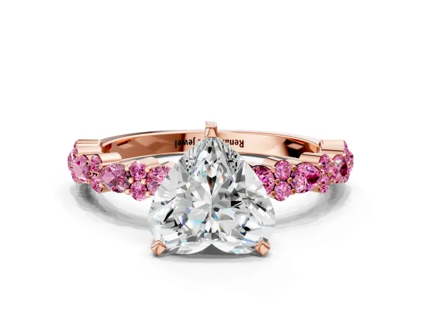 Heart Cut Diamond Side Stone Solitaire Ring with Round Pink Sapphire and Four-Prong Setting Rose gold