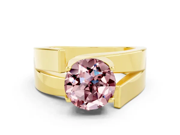 Modern Tension Set Round Cut Morganite Solitaire Wide Band Ring Yellow gold