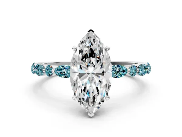 Marquise Cut Diamond Ring with Marquise and Round Blue Topaz Side Stones and Four-Prong Setting White gold