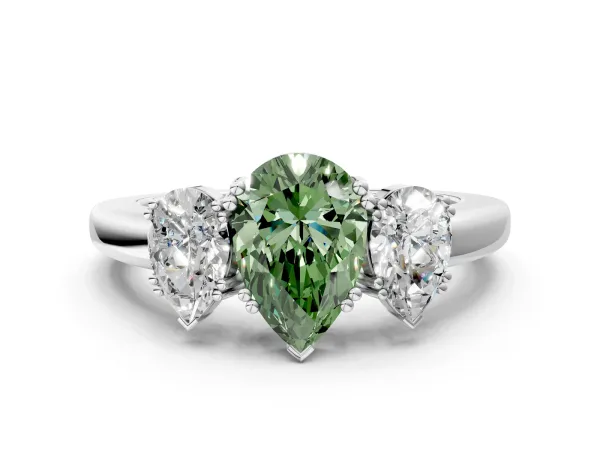 Fancy Green Three-Stone Pear Cut Cut Diamond Ring with Channel Set Band and Four-Prong Setting Platinum