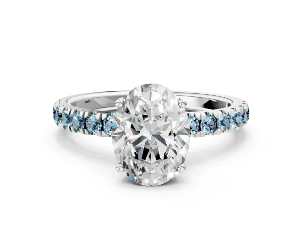 Oval Cut Diamond Pave Band Solitaire Ring with Round Aquamarine and Prong Setting White gold