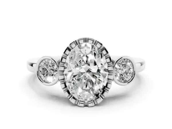 Oval Cut Three-Stone Bezel Set Diamond Ring with Solitaire Band White gold