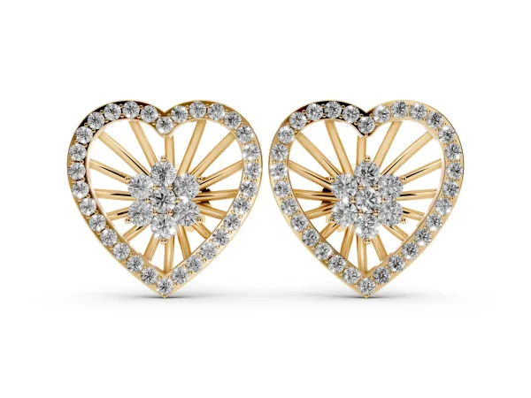 Round Diamond Open Heart Cluster Stud Earrings Yellow gold