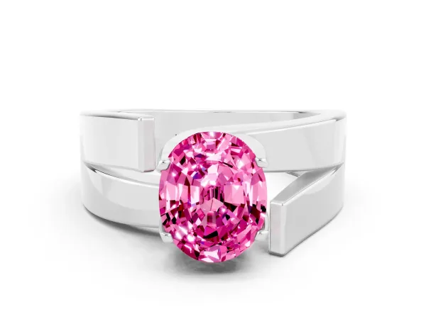 Modern Tension Set Oval Cut Pink Sapphire Solitaire Wide Band Ring Platinum