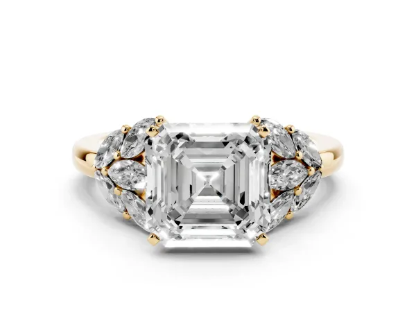 Asscher Cut Diamond Cluster Leaf Design Ring with Prong Setting Yellow gold