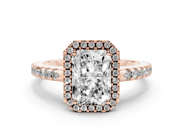 Radiant Cut Diamond Halo Engagement Ring with Pavé Band and Prong Setting Rose gold
