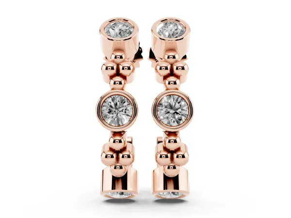Bezel Set Round Diamond Beaded Hoop Earrings Rose gold