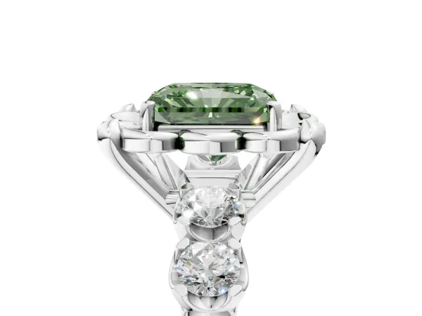 Fancy Green Radiant Cut Cut Diamond Floral Halo Engagement Ring with Shared Prong Setting Platinum