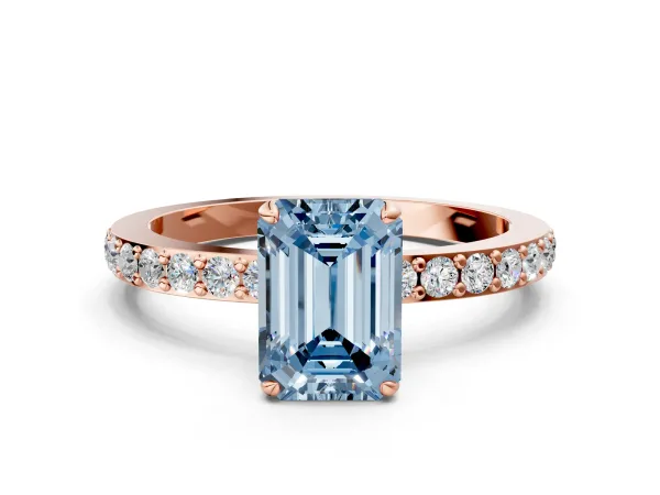 Fancy Blue Emerald Cut Diamond Solitaire Engagement Ring with Pavé Band and Four-Prong Setting Rose gold