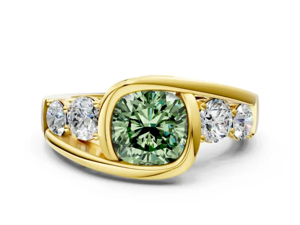 Fancy Green Bezel Set Cushion Cut Diamond Bypass Ring with Round Accents Yellow gold