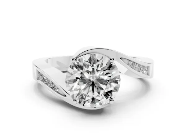 Round Cut Solitaire Twist Band with Channel Set Diamonds and Four-Prong Setting White gold