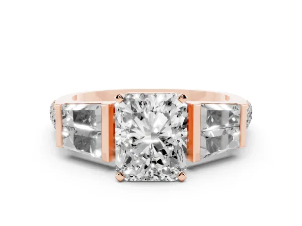 Radiant Cut Diamond Engagement Ring with Baguette Side Stones and Channel Set Band Rose gold