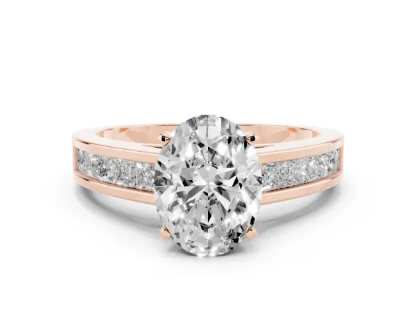 Oval Cut Solitaire Diamond Ring with Channel-Set Band and Four-Prong Setting Rose gold