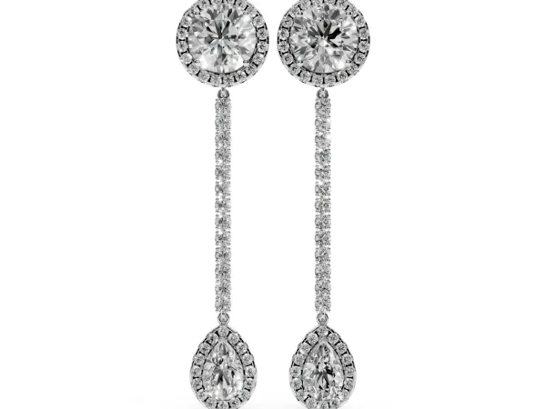 Round and Pear Diamond Halo Drop Earrings Platinum
