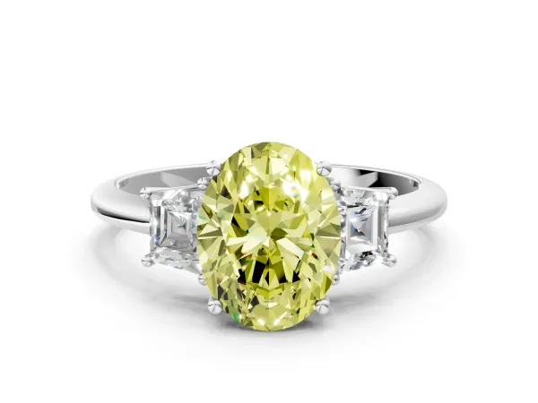 Fancy Yellow Oval Cut Diamond Three-Stone Ring with Trapezoid Side Stones and Prong Setting Platinum
