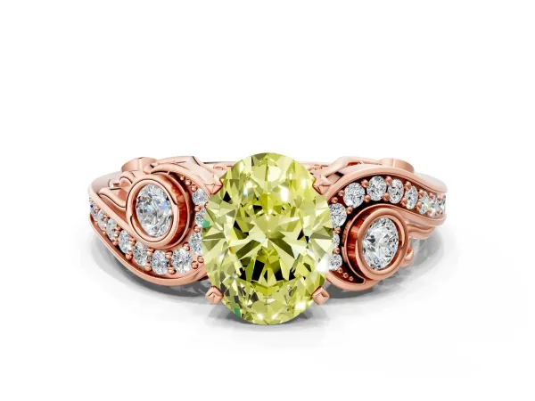 Fancy Yellow Oval Cut Diamond Solitaire Ring with Milgrain Pavé Band and Four-Prong Setting Rose gold