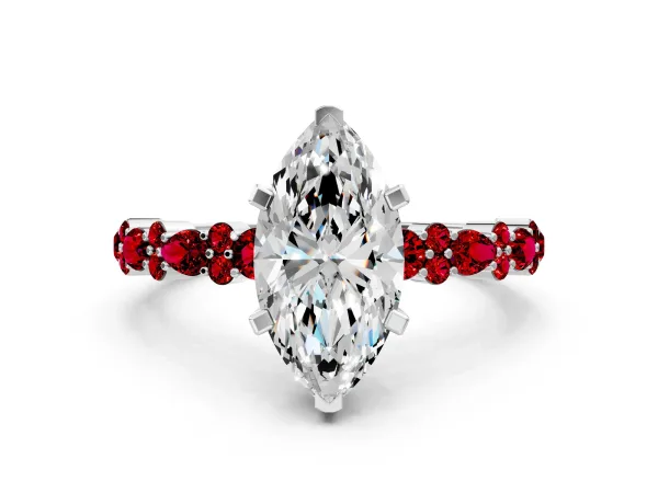 Marquise Cut Diamond Side Stone Solitaire Ring with Round Ruby and Four-Prong Setting White gold