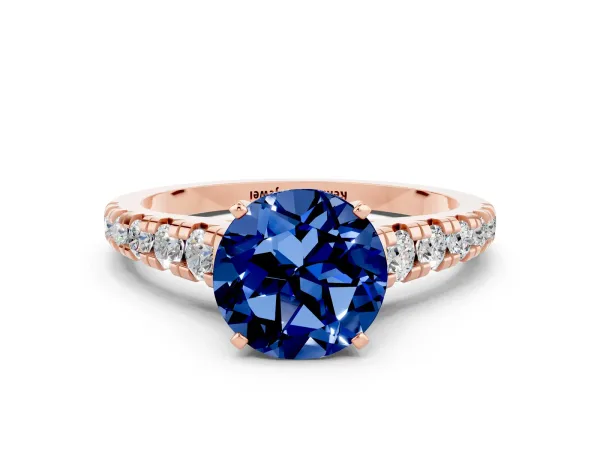Round Cut Blue Sapphire Cathedral Solitaire Ring with Round Pavé Band Rose gold